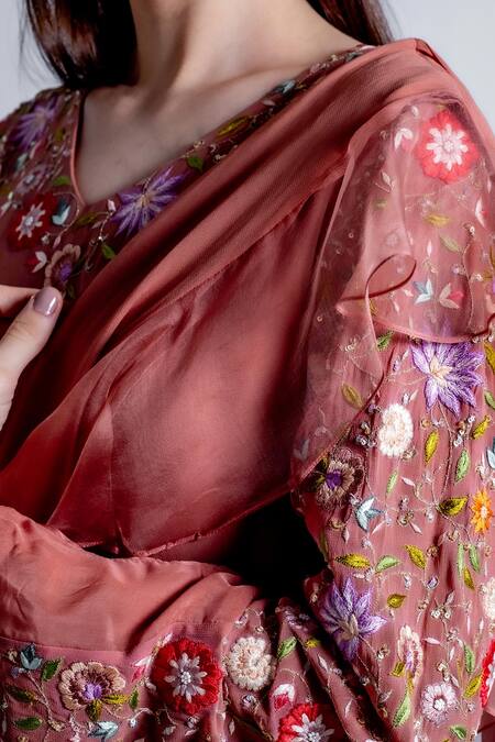 Shop_Radhika & Raghav_Pink Georgette Embroidered Sequin V Raiden Thread Yoke Jumpsuit Saree _Online_at_Aza_Fashions