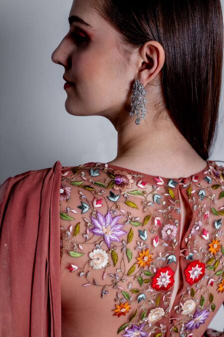 Radhika & Raghav_Pink Georgette Embroidered Sequin V Raiden Thread Yoke Jumpsuit Saree _at_Aza_Fashions