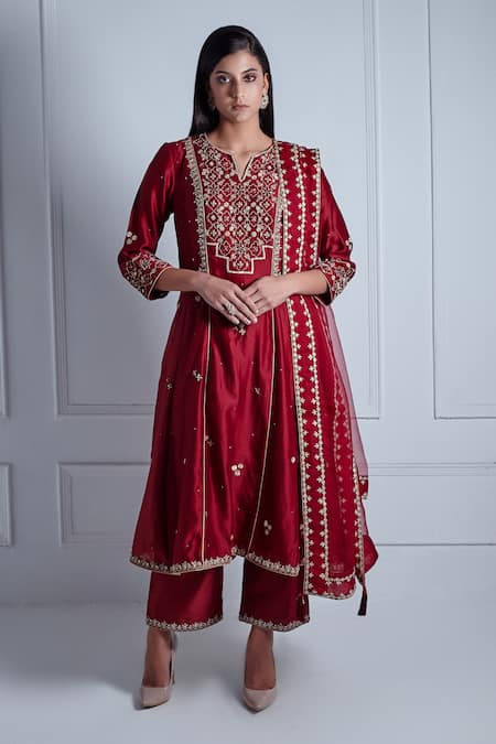 Radhika & Raghav Maroon Silk Chanderi Embroidery Persian Bloom Medina Anarkali Set  