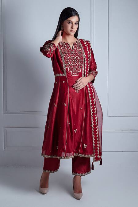 Buy_Radhika & Raghav_Maroon Silk Chanderi Embroidery Persian Bloom Medina Anarkali Set _Online_at_Aza_Fashions