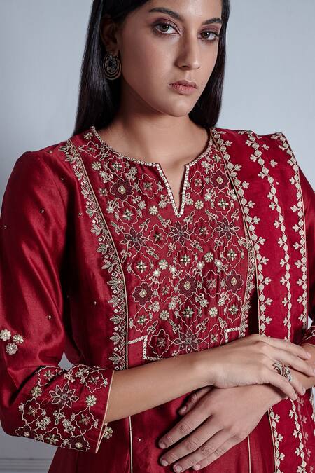 Shop_Radhika & Raghav_Maroon Silk Chanderi Embroidery Persian Bloom Medina Anarkali Set _Online_at_Aza_Fashions
