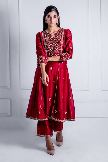 Radhika & Raghav_Maroon Silk Chanderi Embroidery Persian Bloom Medina Anarkali Set _at_Aza_Fashions