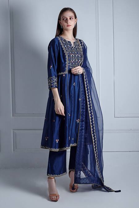 Radhika & Raghav_Blue Silk Chanderi Embroidery Persian Medina Fleur Anarkali Set _Online_at_Aza_Fashions