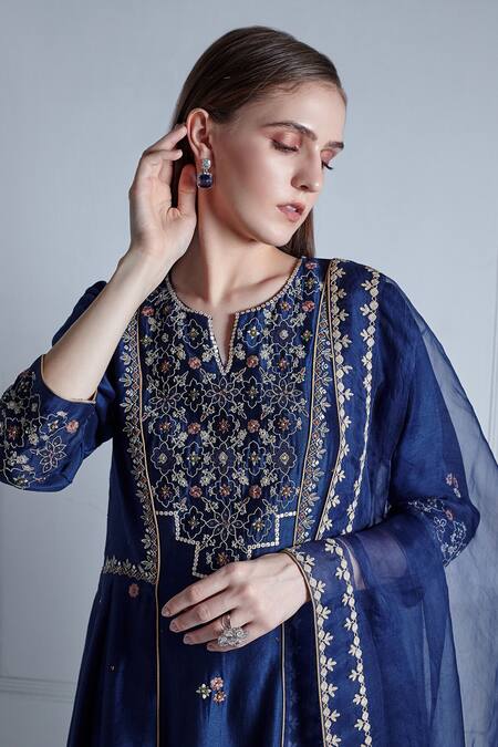 Buy_Radhika & Raghav_Blue Silk Chanderi Embroidery Persian Medina Fleur Anarkali Set _Online_at_Aza_Fashions