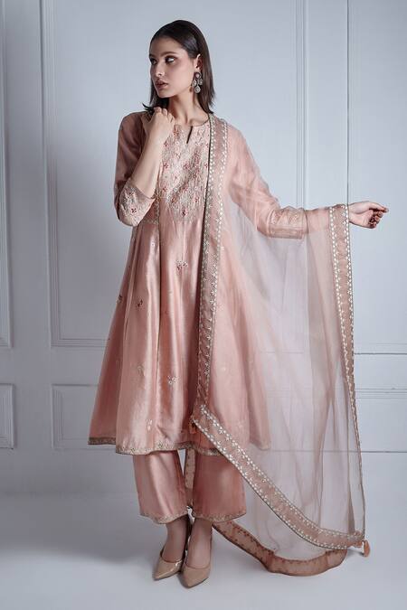 Buy_Radhika & Raghav_Pink Silk, Chanderi, Organza Embroidery, Medina French Fleur Anarkali Set_Online_at_Aza_Fashions