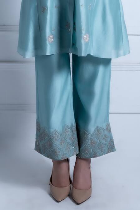 Radhika & Raghav_Blue Silk, Chanderi Pearls, Embroidery Cleo Ivy Blossom Kurta With Pant_Online_at_Aza_Fashions