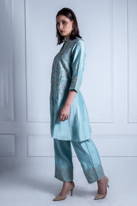 Buy_Radhika & Raghav_Blue Silk, Chanderi Pearls, Embroidery Cleo Ivy Blossom Kurta With Pant_Online_at_Aza_Fashions