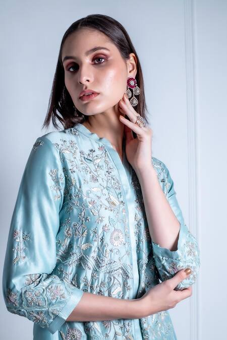 Shop_Radhika & Raghav_Blue Silk, Chanderi Pearls, Embroidery Cleo Ivy Blossom Kurta With Pant_Online_at_Aza_Fashions