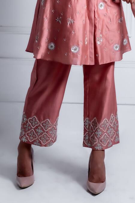 Radhika & Raghav_Pink Silk, Chanderi Pearls, Embroidery Collared Cleo Ivy Garden Kurta With Pant_Online_at_Aza_Fashions