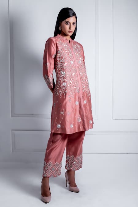 Buy_Radhika & Raghav_Pink Silk, Chanderi Pearls, Embroidery Collared Cleo Ivy Garden Kurta With Pant_Online_at_Aza_Fashions