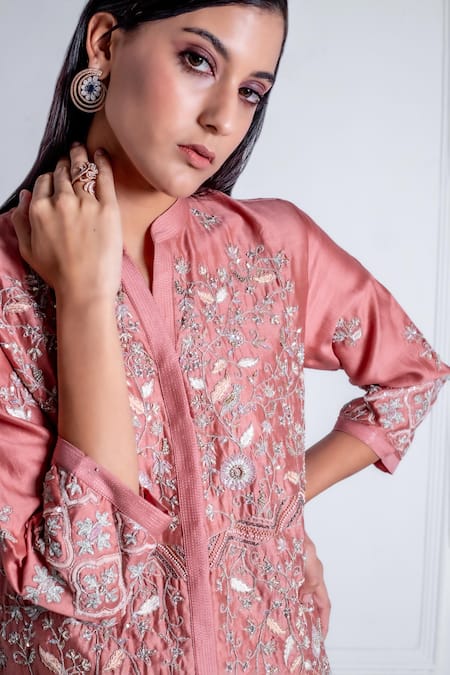 Shop_Radhika & Raghav_Pink Silk, Chanderi Pearls, Embroidery Collared Cleo Ivy Garden Kurta With Pant_Online_at_Aza_Fashions