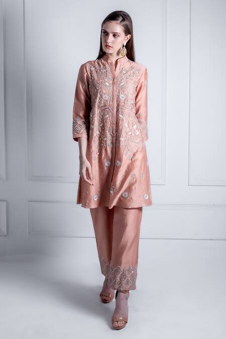 Buy_Radhika & Raghav_Peach Silk, Chanderi Pearls, Embroidery Collared Cleo Ivy Flora Kurta With Pant_Online_at_Aza_Fashions