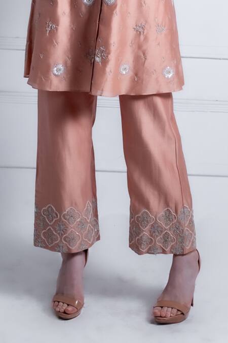 Shop_Radhika & Raghav_Peach Silk, Chanderi Pearls, Embroidery Collared Cleo Ivy Flora Kurta With Pant_Online_at_Aza_Fashions