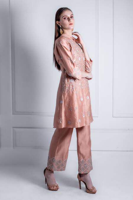 Radhika & Raghav_Peach Silk, Chanderi Pearls, Embroidery Collared Cleo Ivy Flora Kurta With Pant_at_Aza_Fashions