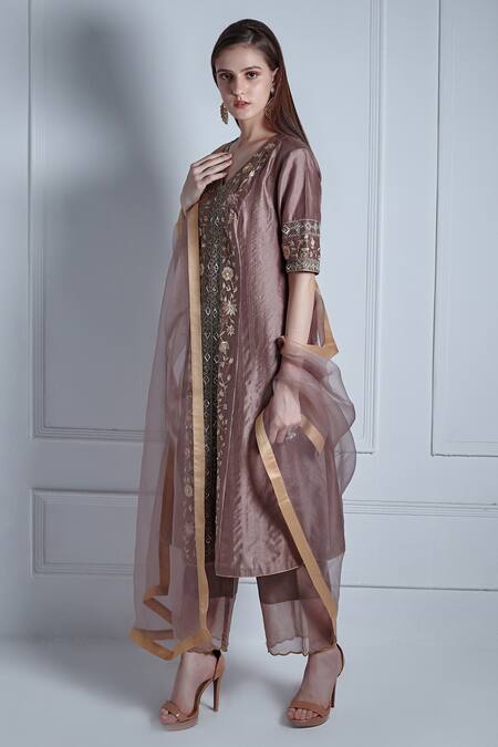 Radhika & Raghav_Brown Silk, Chanderi, Organza V-neck Aafia Petunia Embroidered Kurta Pant Set_Online_at_Aza_Fashions