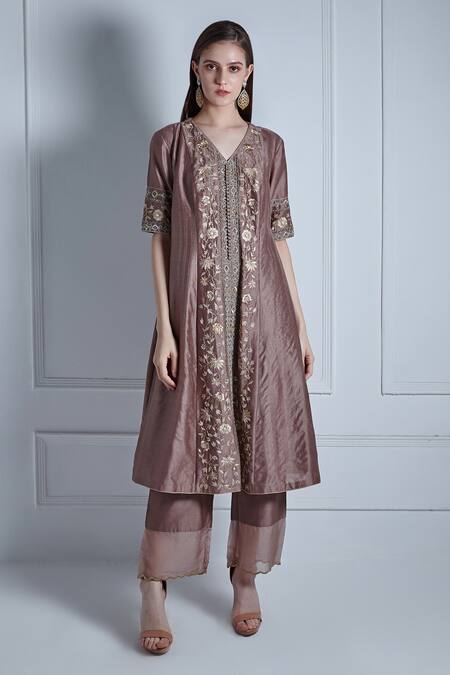Buy_Radhika & Raghav_Brown Silk, Chanderi, Organza V-neck Aafia Petunia Embroidered Kurta Pant Set_Online_at_Aza_Fashions