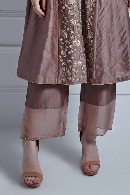Shop_Radhika & Raghav_Brown Silk, Chanderi, Organza V-neck Aafia Petunia Embroidered Kurta Pant Set_Online_at_Aza_Fashions