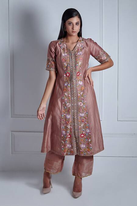 Radhika & Raghav_Pink Silk, Chanderi, Organza Embroidery V-neck Aafia Pansy Bloom Kurta Pant Set_Online_at_Aza_Fashions