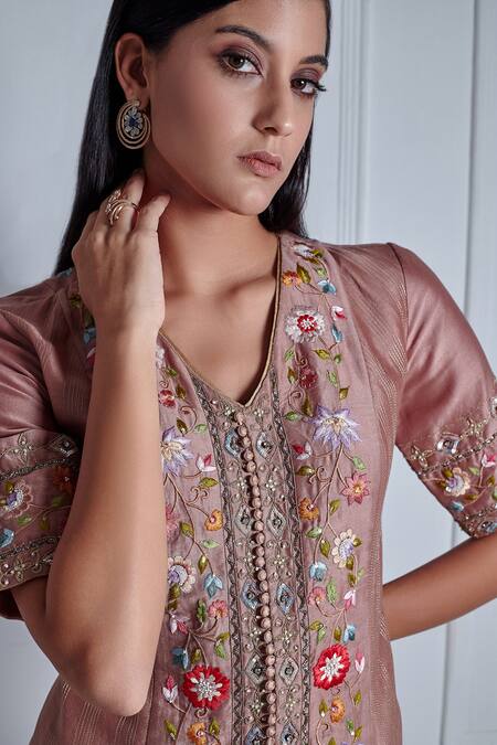 Buy_Radhika & Raghav_Pink Silk, Chanderi, Organza Embroidery V-neck Aafia Pansy Bloom Kurta Pant Set_Online_at_Aza_Fashions