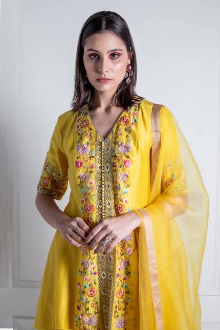 Shop_Radhika & Raghav_Pink Silk, Organza Embroidery V-neck Aafia Buttercup Bloom Kurta Pant Set_Online_at_Aza_Fashions