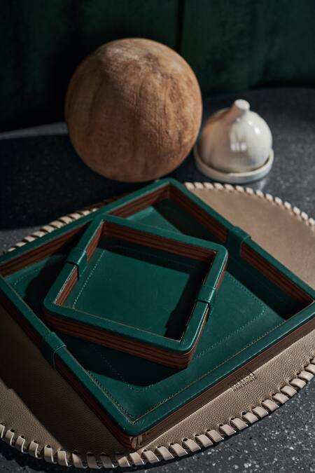 Tann-ED_Green Leather Plain Square Shaped Tray_Online_at_Aza_Fashions
