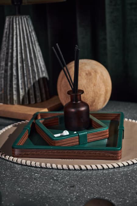 Buy_Tann-ED_Green Leather Plain Square Shaped Tray_Online_at_Aza_Fashions