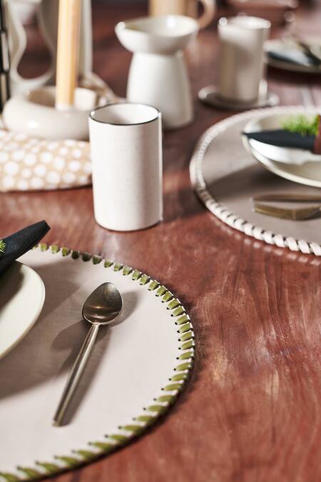 Tann-ED_Cream Leather Woven Bordered 2 Pcs Placemat Set_Online_at_Aza_Fashions