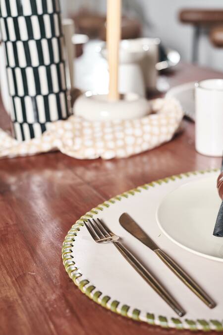 Buy_Tann-ED_Cream Leather Woven Bordered 2 Pcs Placemat Set_Online_at_Aza_Fashions