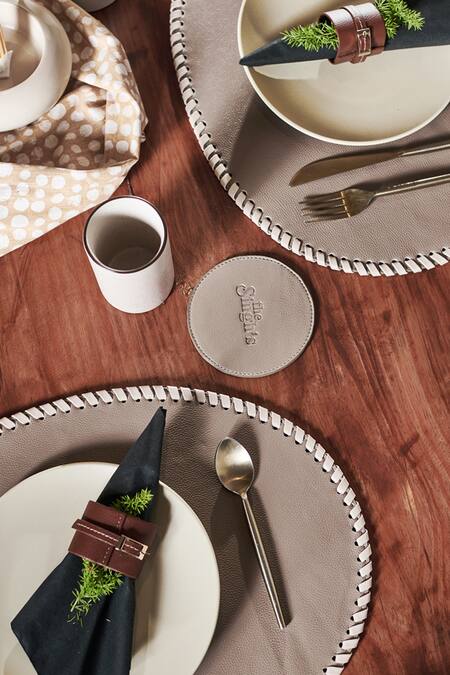 Buy Tann-ED Grey Leather Woven Bordered 2 Pcs Placemat Set Online at Aza Fashions Buy_Tann-ED_Grey Leather Woven Bordered 2 Pcs Placemat Set_Online_at_Aza_Fashions