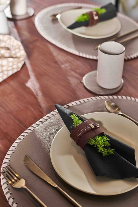 Shop Tann-ED Grey Leather Woven Bordered 2 Pcs Placemat Set Online at Aza Fashions Shop_Tann-ED_Grey Leather Woven Bordered 2 Pcs Placemat Set_Online_at_Aza_Fashions