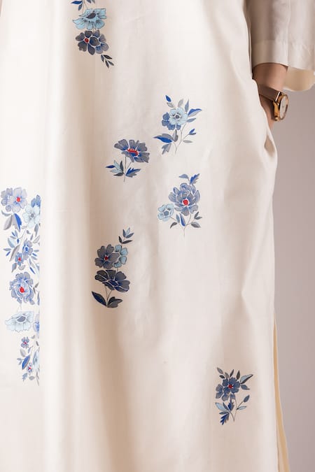 Buy_Prama By Pratima Pandey_Ivory Silk Chanderi Hand Paint Iris Bloom Round Kurta With Inner Dress  _Online_at_Aza_Fashions