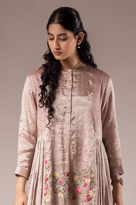 Prama By Pratima Pandey_Pink Tissue Embroidery Parsi Floral Round Kurta With Inner Dress  _Online_at_Aza_Fashions