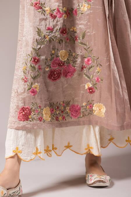 Buy_Prama By Pratima Pandey_Pink Tissue Embroidery Parsi Floral Round Kurta With Inner Dress  _Online_at_Aza_Fashions