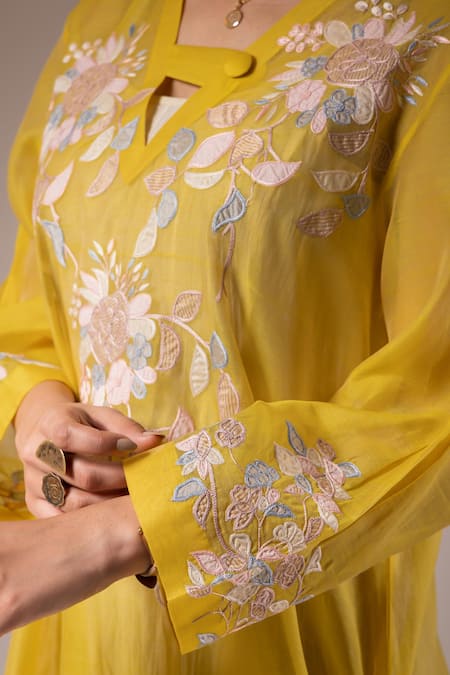 Prama By Pratima Pandey_Yellow Silk, Chanderi Zari, Patchwork Fleur Work Kurta With Inner Dress _Online_at_Aza_Fashions