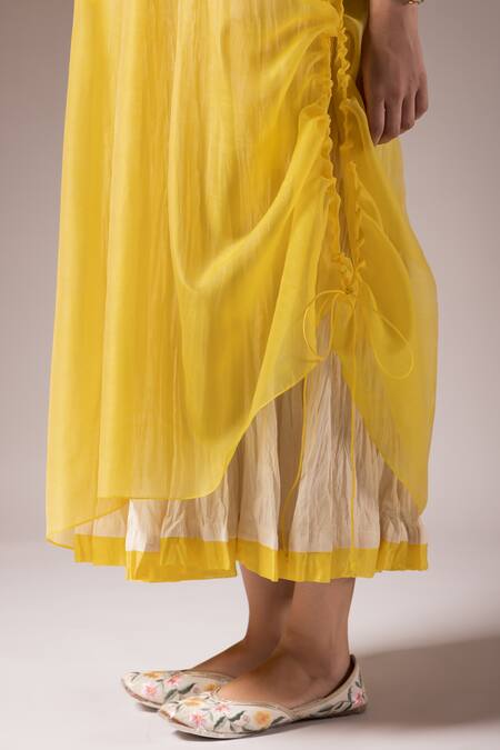 Buy_Prama By Pratima Pandey_Yellow Silk, Chanderi Zari, Patchwork Fleur Work Kurta With Inner Dress _Online_at_Aza_Fashions
