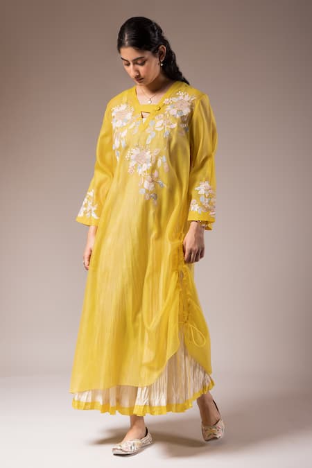Shop_Prama By Pratima Pandey_Yellow Silk, Chanderi Zari, Patchwork Fleur Work Kurta With Inner Dress _Online_at_Aza_Fashions