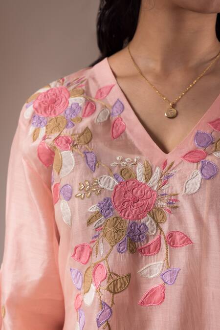 Prama By Pratima Pandey_Pink Silk Chanderi Patch Work Pansy V Kurta With Inner Dress  _Online_at_Aza_Fashions