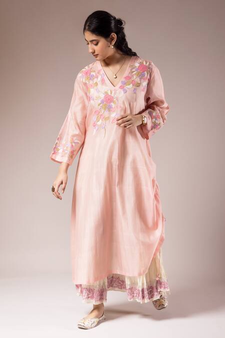 Buy_Prama By Pratima Pandey_Pink Silk Chanderi Patch Work Pansy V Kurta With Inner Dress  _Online_at_Aza_Fashions