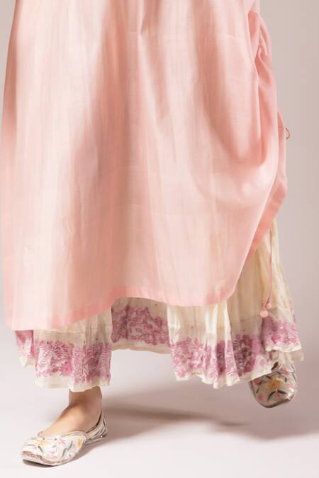 Shop_Prama By Pratima Pandey_Pink Silk Chanderi Patch Work Pansy V Kurta With Inner Dress  _Online_at_Aza_Fashions