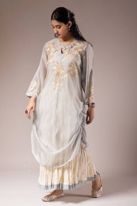 Buy_Prama By Pratima Pandey_Blue Silk Chanderi Patch Work Gardenia Glass Kurta With Inner Dress  _Online_at_Aza_Fashions