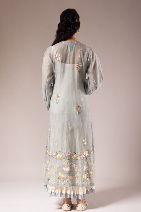 Shop Prama By Pratima Pandey Blue Silk Chanderi Embroidery Ambrosia Round Kurta With Inner Dress at Aza Fashions Shop_Prama By Pratima Pandey_Blue Silk Chanderi Embroidery Ambrosia Round Kurta With Inner Dress _at_Aza_Fashions