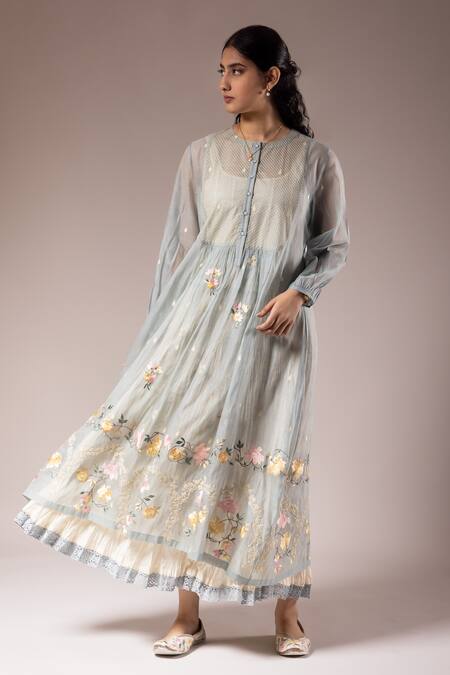 Buy Prama By Pratima Pandey Blue Silk Chanderi Embroidery Ambrosia Round Kurta With Inner Dress Online at Aza Fashions Buy_Prama By Pratima Pandey_Blue Silk Chanderi Embroidery Ambrosia Round Kurta With Inner Dress _Online_at_Aza_Fashions
