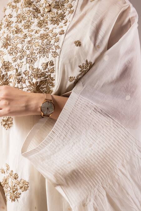 Prama By Pratima Pandey Ivory Silk Chanderi Embroidery Parsi Phulkari Kurta With Inner Dress Online at Aza Fashions Prama By Pratima Pandey_Ivory Silk Chanderi Embroidery Parsi Phulkari Kurta With Inner Dress _Online_at_Aza_Fashions