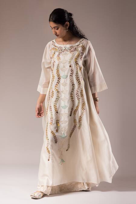 Buy Prama By Pratima Pandey Ivory Silk Chanderi Embroidery Vine Boat Neck Kurta With Inner Dress Online at Aza Fashions Buy_Prama By Pratima Pandey_Ivory Silk Chanderi Embroidery Vine Boat Neck Kurta With Inner Dress _Online_at_Aza_Fashions