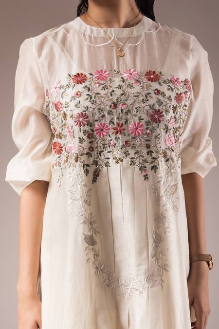 Buy_Prama By Pratima Pandey_Ivory Silk Chanderi Embroidery Amaryllis Round Kurta With Inner Dress  _Online_at_Aza_Fashions