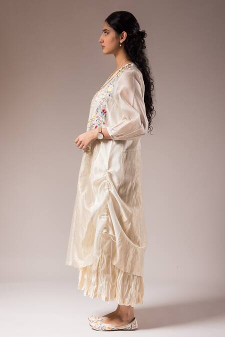 Buy Prama By Pratima Pandey Ivory Silk Chanderi Embroidery Florence V Kurta With Inner Dress Online at Aza Fashions Buy_Prama By Pratima Pandey_Ivory Silk Chanderi Embroidery Florence V Kurta With Inner Dress _Online_at_Aza_Fashions