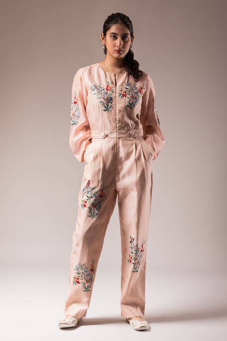 PRAMA BY PRATIMA PANDEY Pink Silk Chanderi Embroidered Resham Round Floral Jumpsuit  