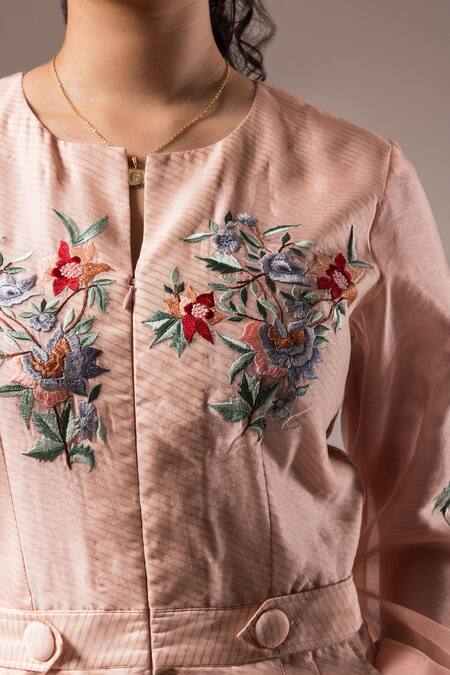 Prama By Pratima Pandey_Pink Silk Chanderi Embroidered Resham Round Floral Jumpsuit  _Online_at_Aza_Fashions