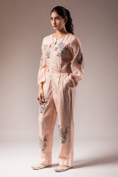 Buy_Prama By Pratima Pandey_Pink Silk Chanderi Embroidered Resham Round Floral Jumpsuit  _Online_at_Aza_Fashions