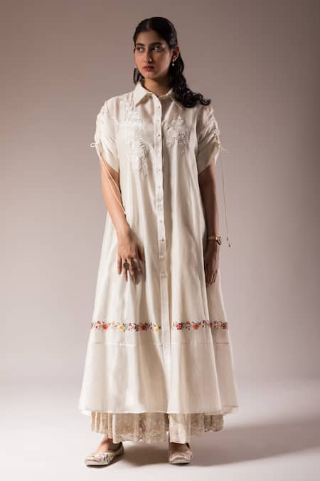 PRAMA BY PRATIMA PANDEY Ivory Silk Chanderi Hand Painted Floral Collared Embroidered Dress  